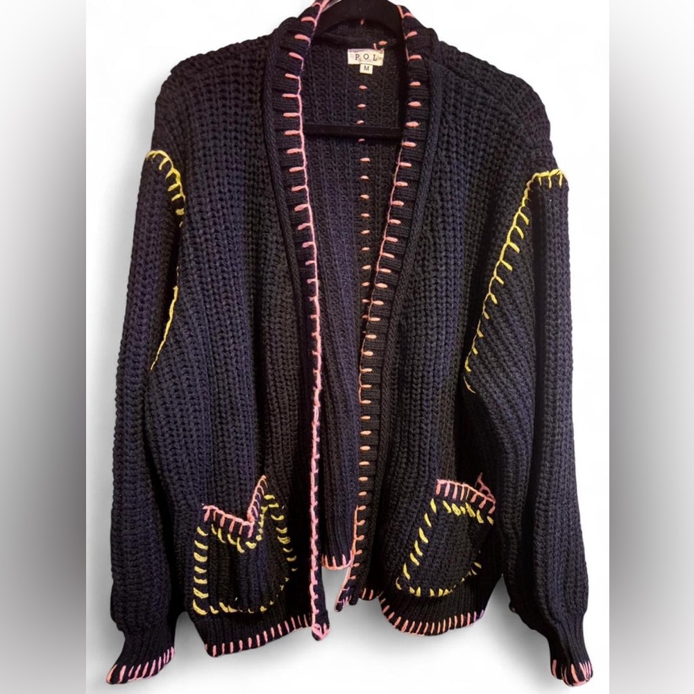POL Medium Black Chunky Knit Crochet Cardigan Pink & Yellow Whip Stitching NWOT - Picture 2 of 10